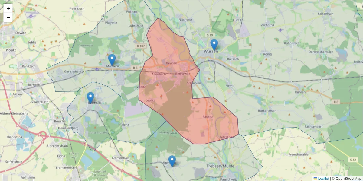 Karte des Postleitzahlen Bereichs  und der umliegenden Postleitzahlen in Deutschland