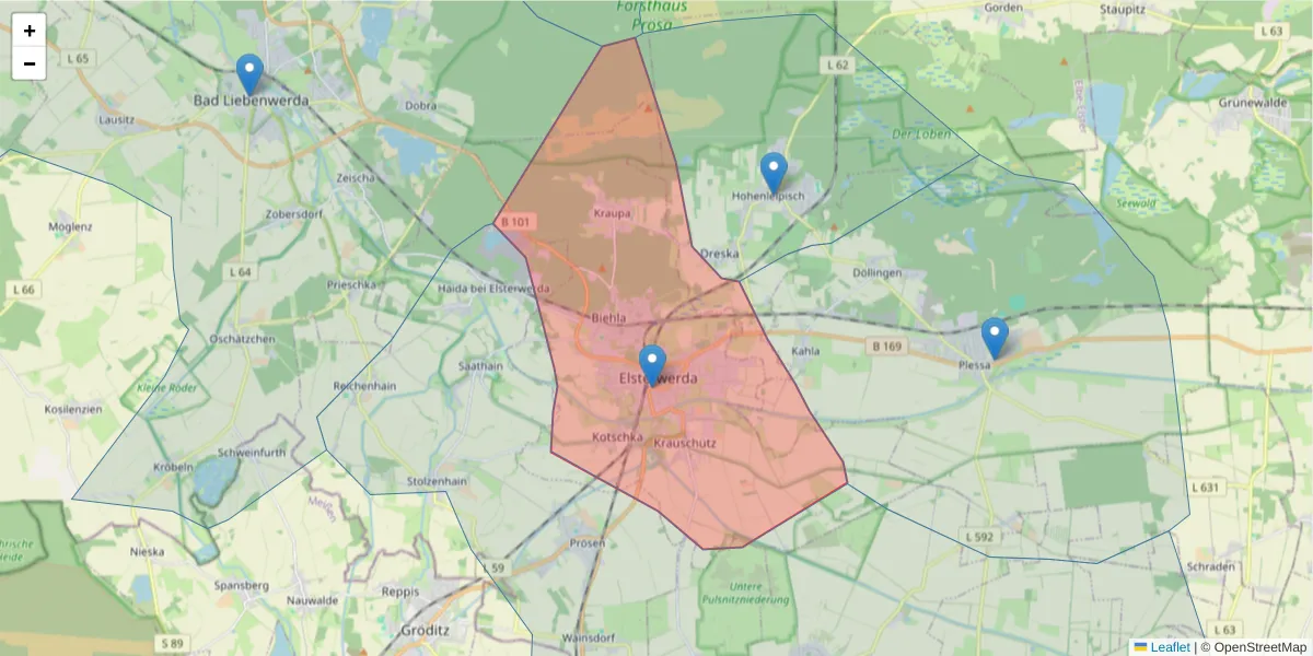 Karte des Postleitzahlen Bereichs  und der umliegenden Postleitzahlen in Deutschland
