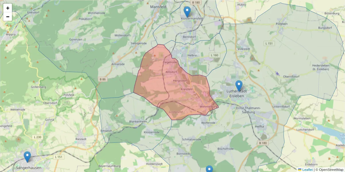 Karte des Postleitzahlen Bereichs  und der umliegenden Postleitzahlen in Deutschland