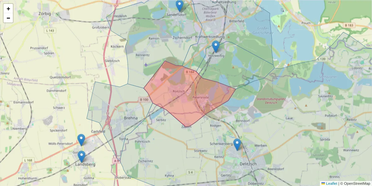 Karte des Postleitzahlen Bereichs  und der umliegenden Postleitzahlen in Deutschland
