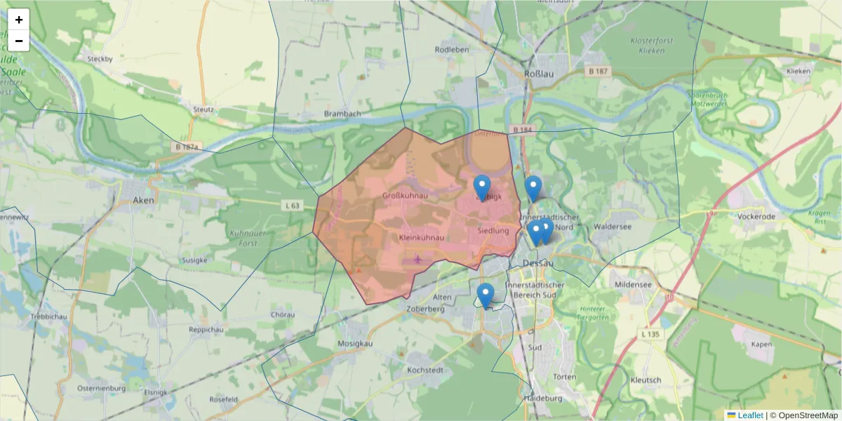 Karte des Postleitzahlen Bereichs  und der umliegenden Postleitzahlen in Deutschland