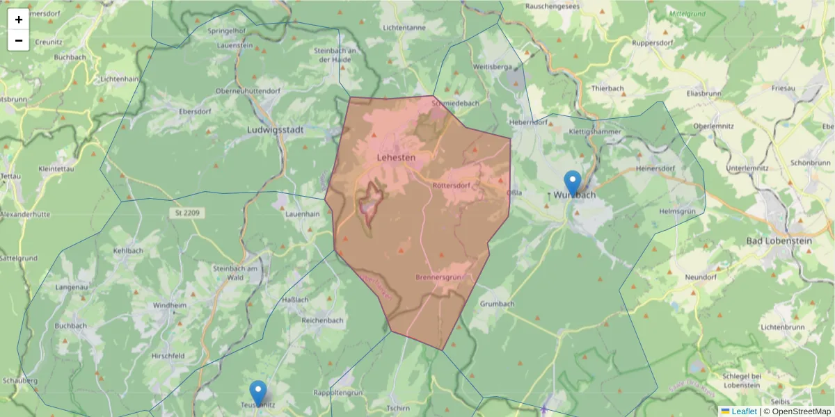 Karte des Postleitzahlen Bereichs  und der umliegenden Postleitzahlen in Deutschland
