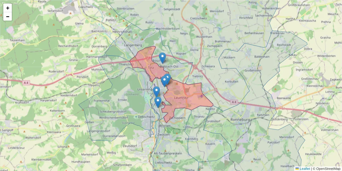 Karte des Postleitzahlen Bereichs  und der umliegenden Postleitzahlen in Deutschland