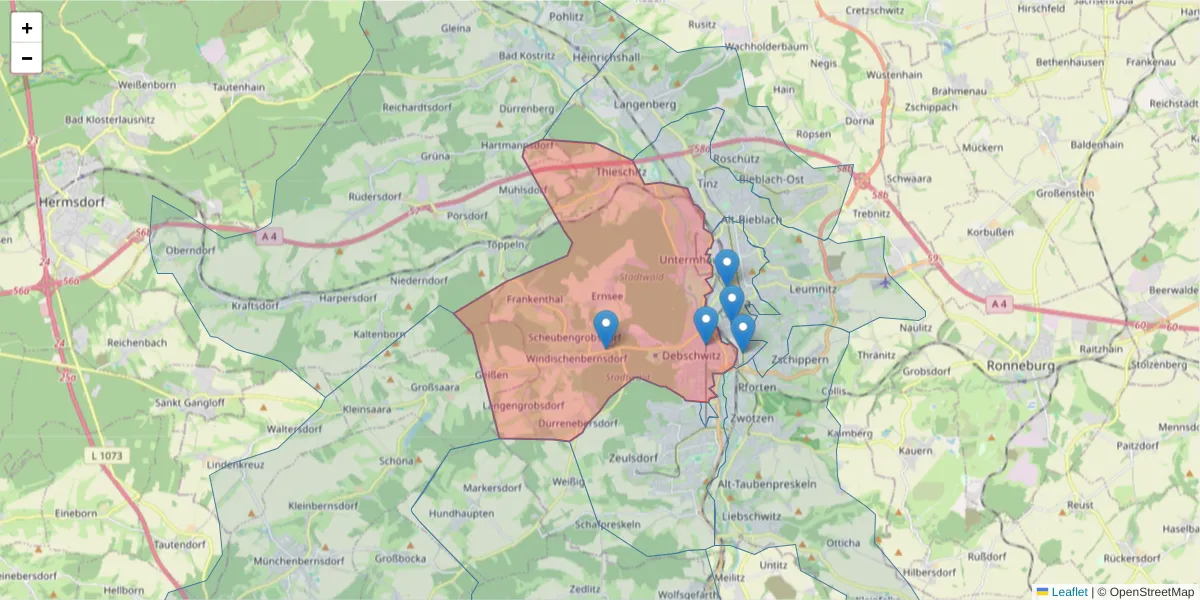 Karte des Postleitzahlen Bereichs  und der umliegenden Postleitzahlen in Deutschland
