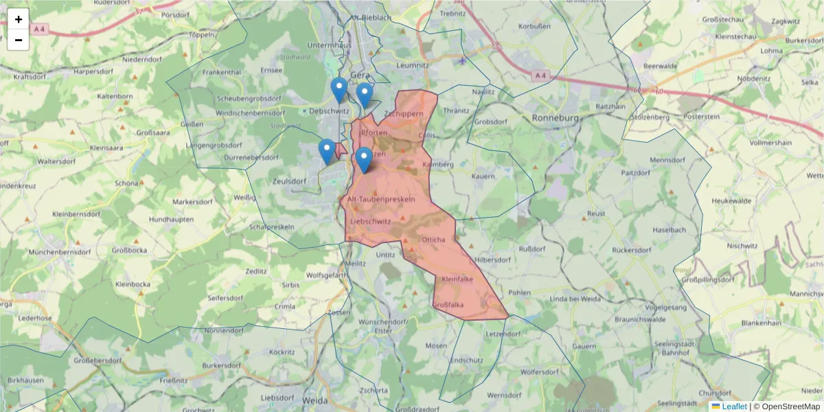 Karte des Postleitzahlen Bereichs  und der umliegenden Postleitzahlen in Deutschland