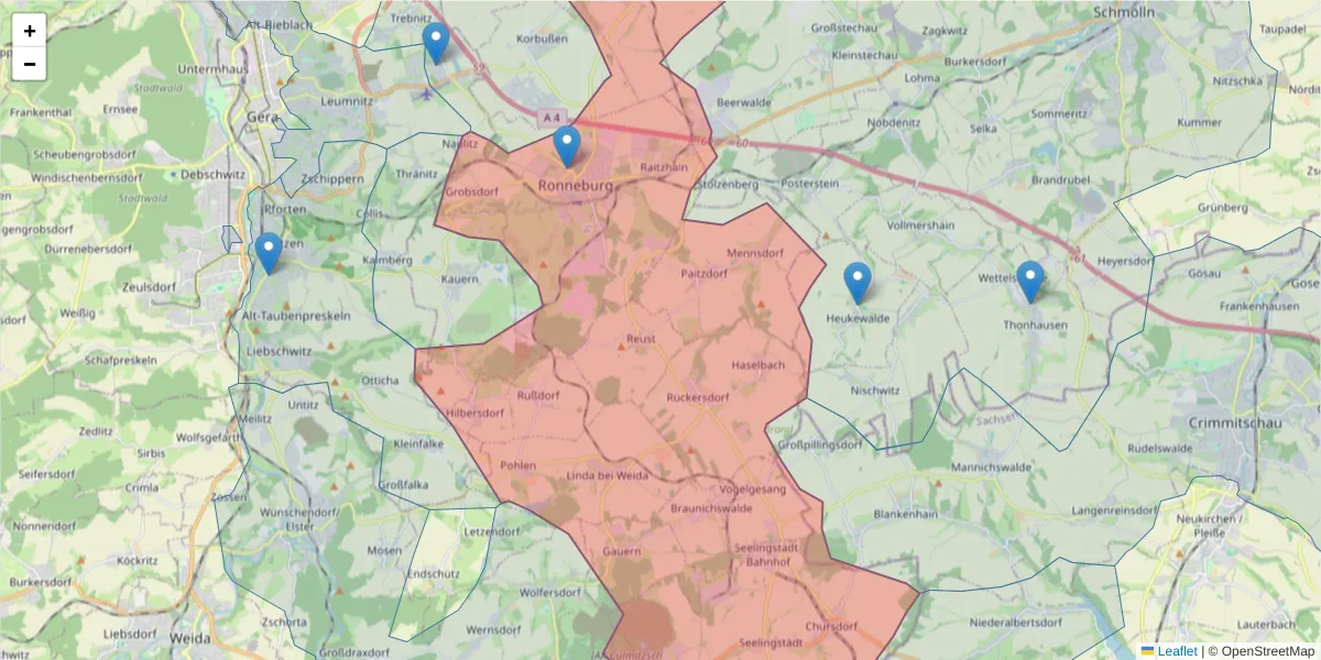 Karte des Postleitzahlen Bereichs  und der umliegenden Postleitzahlen in Deutschland
