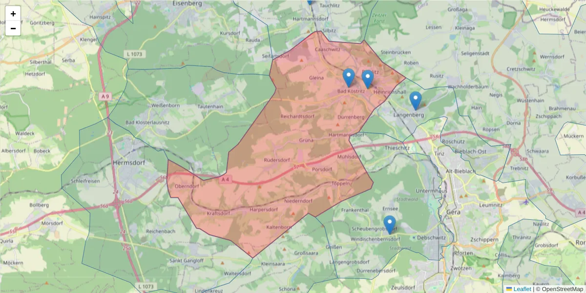 Karte des Postleitzahlen Bereichs  und der umliegenden Postleitzahlen in Deutschland
