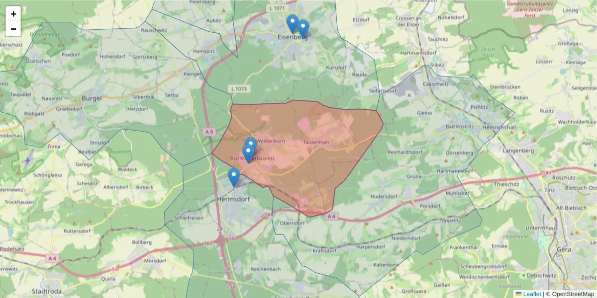 Karte des Postleitzahlen Bereichs  und der umliegenden Postleitzahlen in Deutschland