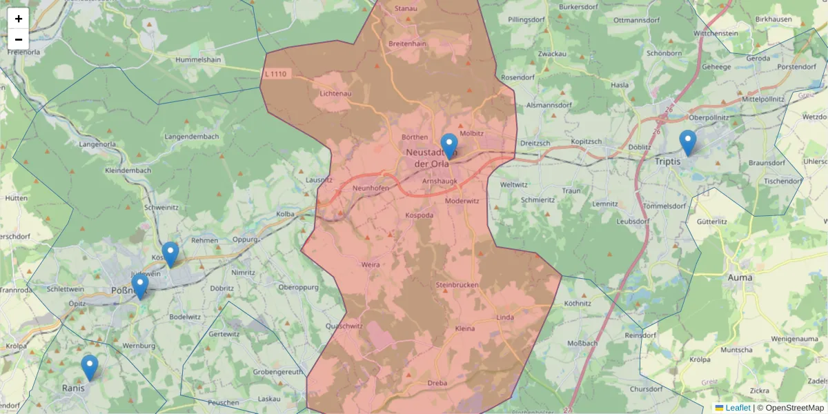 Karte des Postleitzahlen Bereichs  und der umliegenden Postleitzahlen in Deutschland