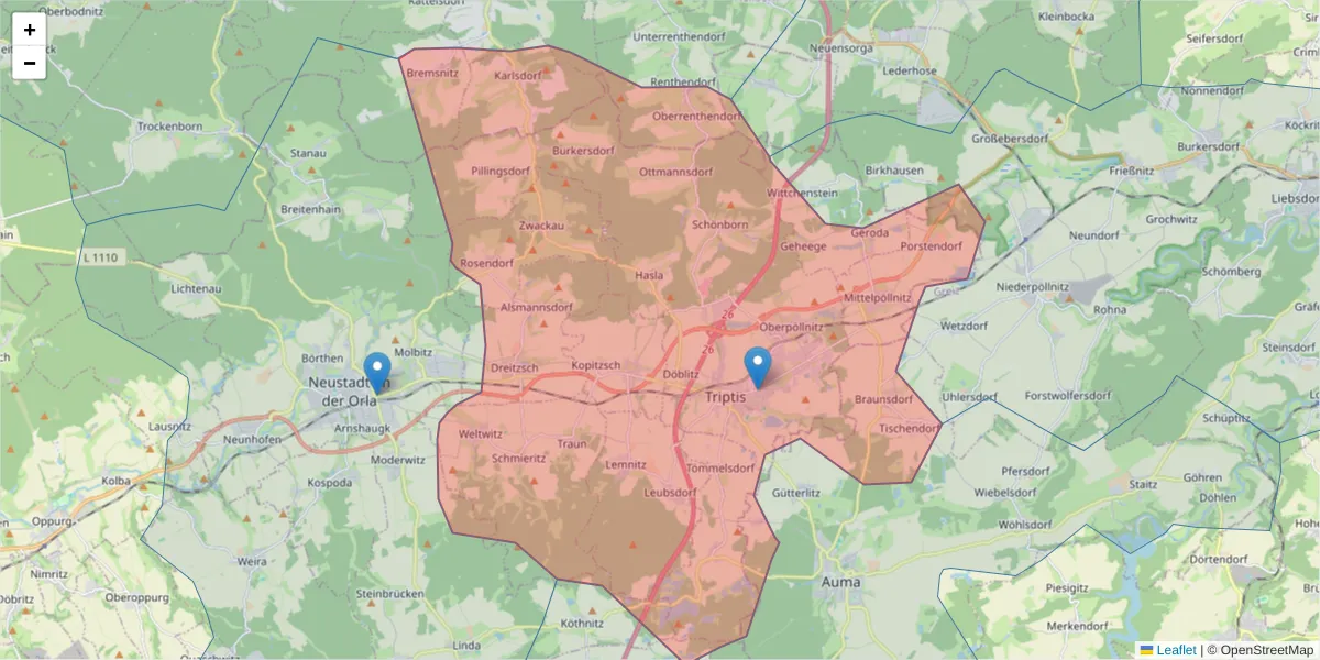 Karte des Postleitzahlen Bereichs  und der umliegenden Postleitzahlen in Deutschland