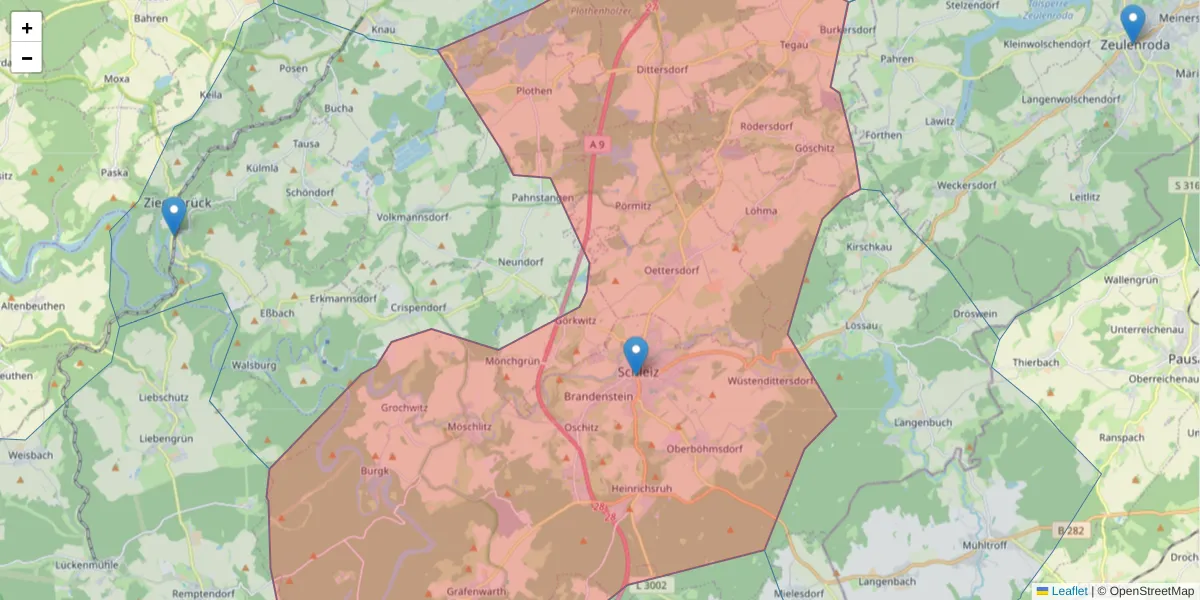Karte des Postleitzahlen Bereichs  und der umliegenden Postleitzahlen in Deutschland