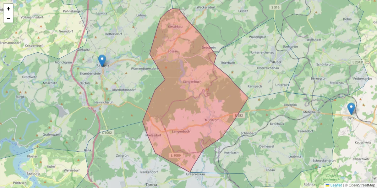 Karte des Postleitzahlen Bereichs  und der umliegenden Postleitzahlen in Deutschland