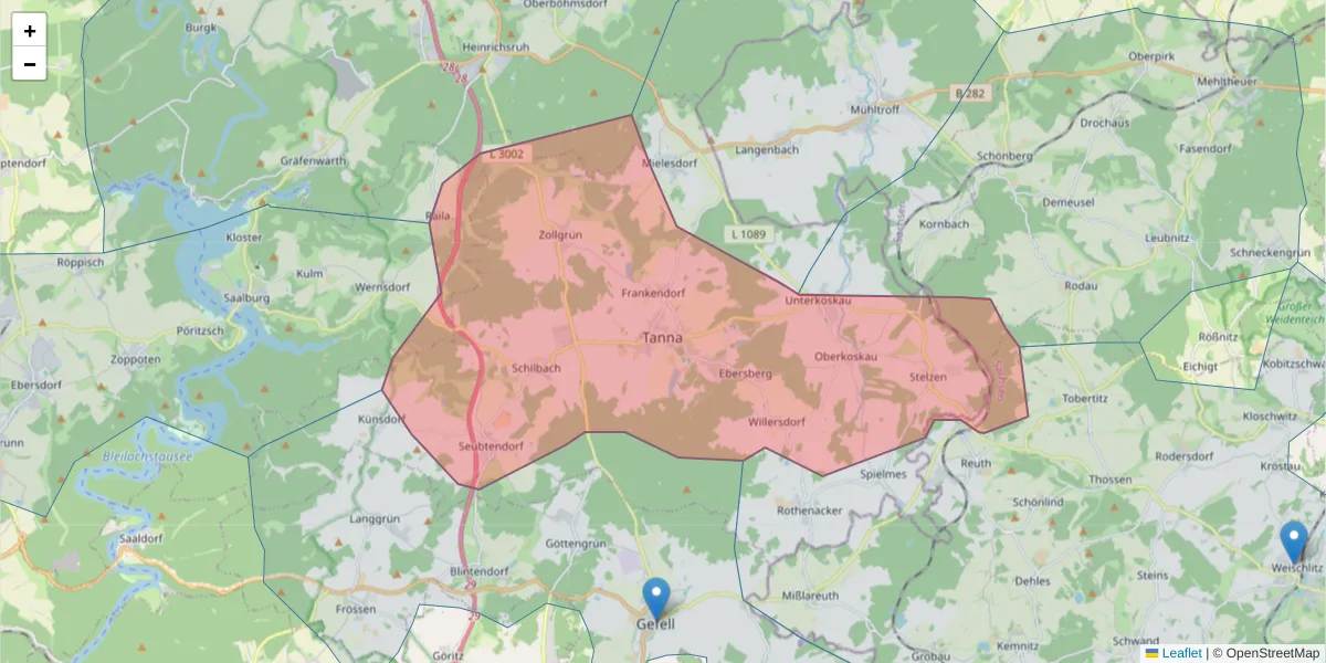 Karte des Postleitzahlen Bereichs  und der umliegenden Postleitzahlen in Deutschland
