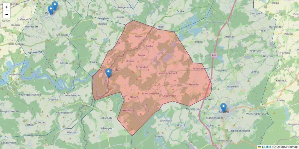 Karte des Postleitzahlen Bereichs  und der umliegenden Postleitzahlen in Deutschland