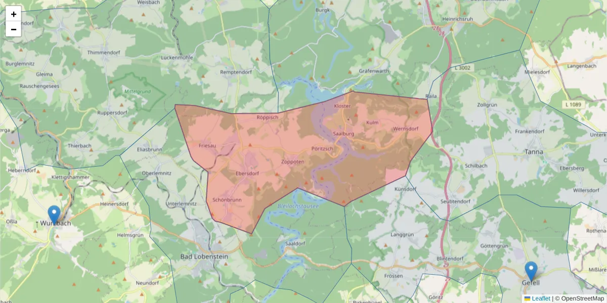 Karte des Postleitzahlen Bereichs  und der umliegenden Postleitzahlen in Deutschland