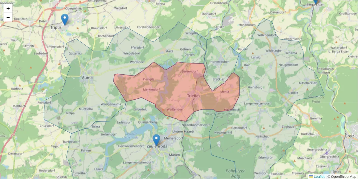 Karte des Postleitzahlen Bereichs  und der umliegenden Postleitzahlen in Deutschland