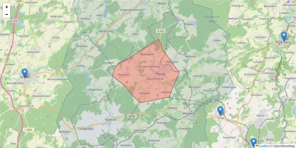 Karte des Postleitzahlen Bereichs  und der umliegenden Postleitzahlen in Deutschland