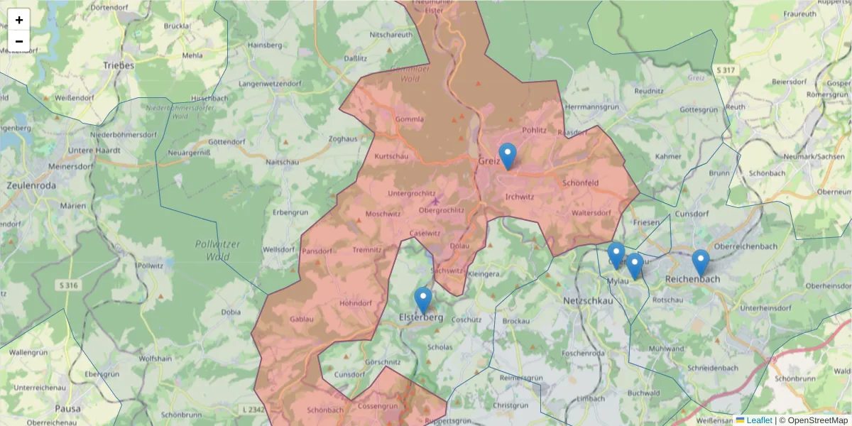 Karte des Postleitzahlen Bereichs  und der umliegenden Postleitzahlen in Deutschland