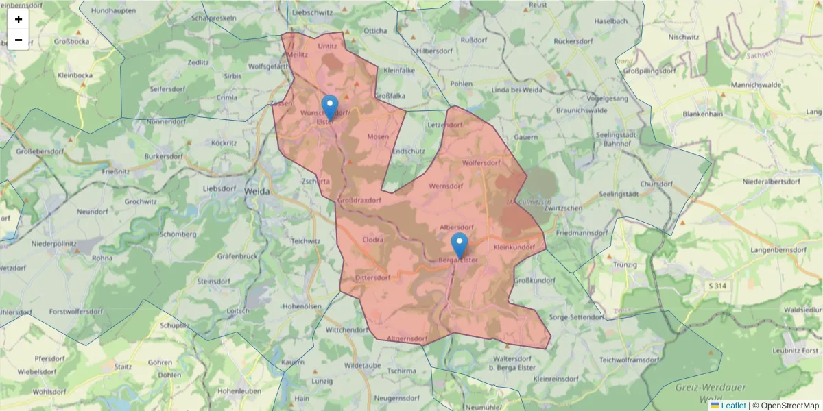 Karte des Postleitzahlen Bereichs  und der umliegenden Postleitzahlen in Deutschland