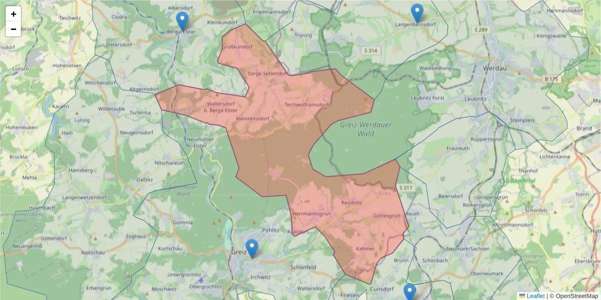 Karte des Postleitzahlen Bereichs  und der umliegenden Postleitzahlen in Deutschland