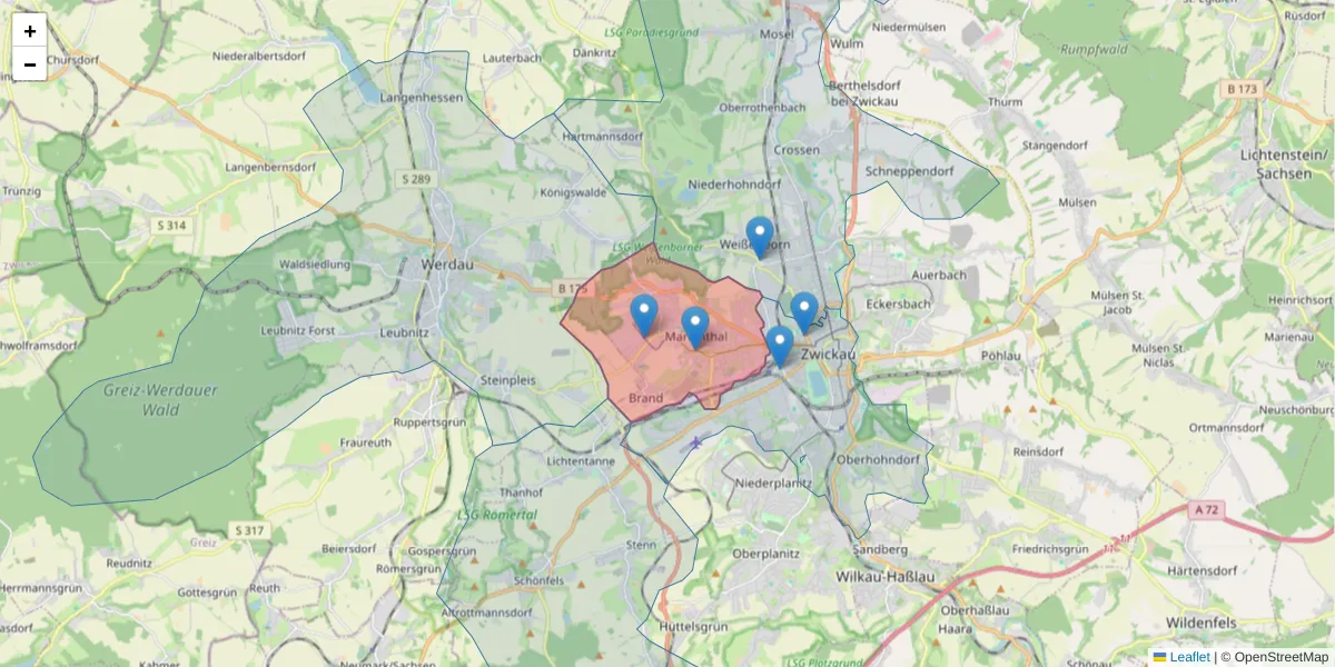 Karte des Postleitzahlen Bereichs  und der umliegenden Postleitzahlen in Deutschland
