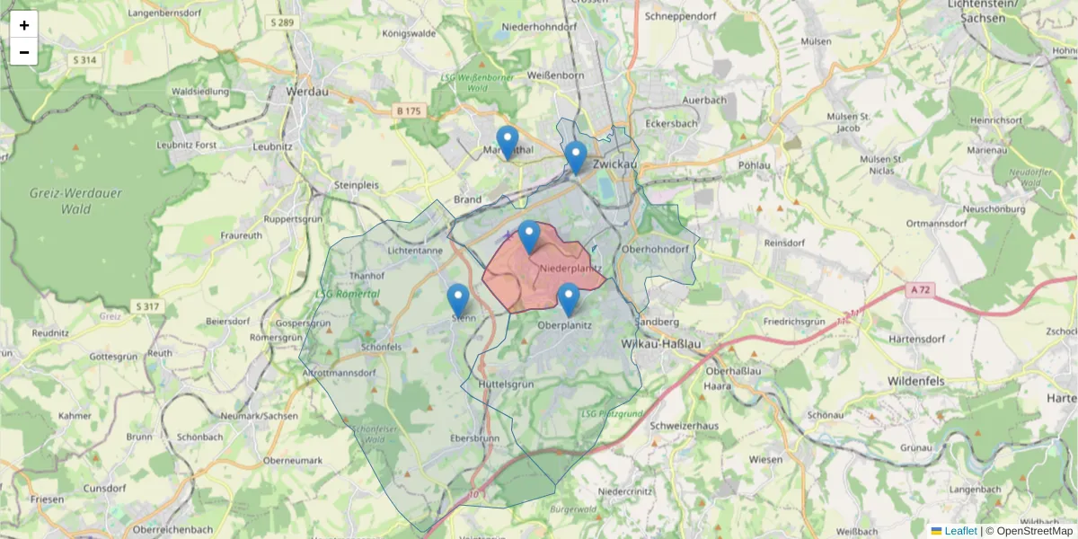 Karte des Postleitzahlen Bereichs  und der umliegenden Postleitzahlen in Deutschland