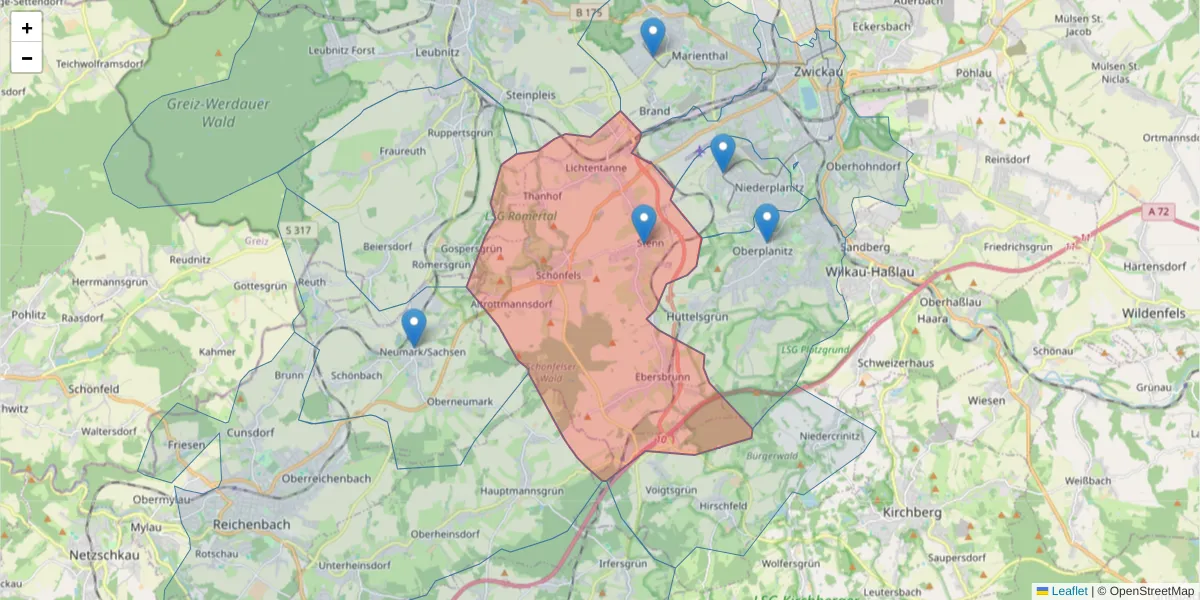 Karte des Postleitzahlen Bereichs  und der umliegenden Postleitzahlen in Deutschland
