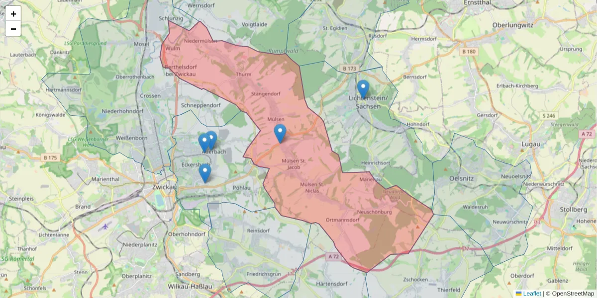 Karte des Postleitzahlen Bereichs  und der umliegenden Postleitzahlen in Deutschland