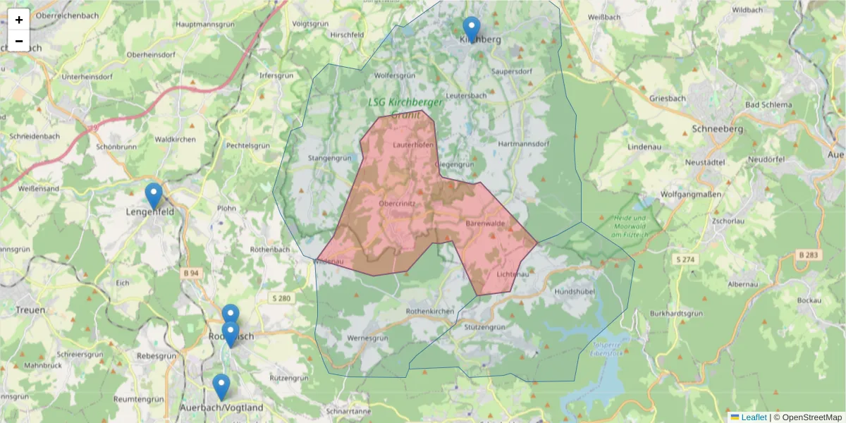 Karte des Postleitzahlen Bereichs  und der umliegenden Postleitzahlen in Deutschland