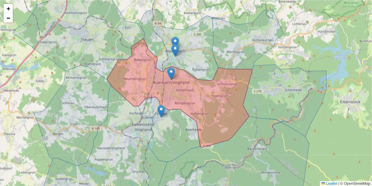 Karte des Postleitzahlen Bereichs  und der umliegenden Postleitzahlen in Deutschland