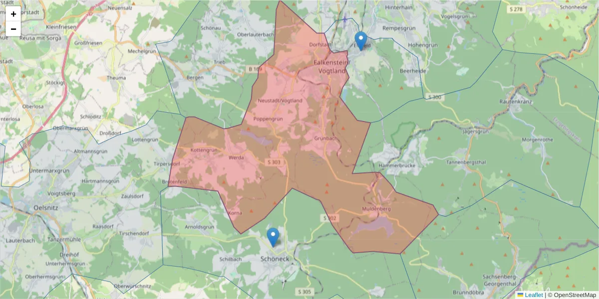 Karte des Postleitzahlen Bereichs  und der umliegenden Postleitzahlen in Deutschland