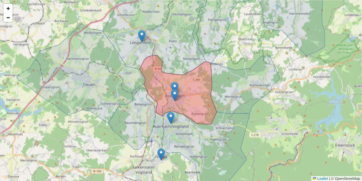 Karte des Postleitzahlen Bereichs  und der umliegenden Postleitzahlen in Deutschland