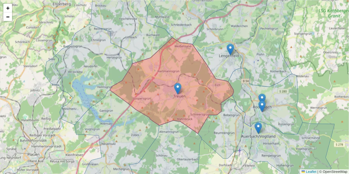 Karte des Postleitzahlen Bereichs  und der umliegenden Postleitzahlen in Deutschland