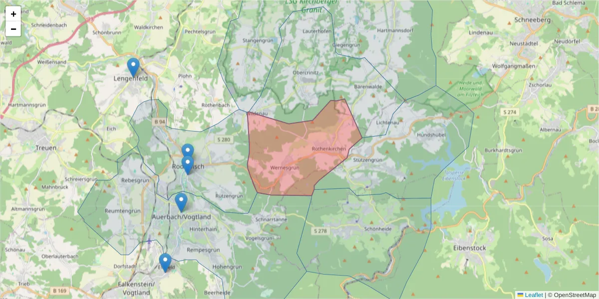 Karte des Postleitzahlen Bereichs  und der umliegenden Postleitzahlen in Deutschland