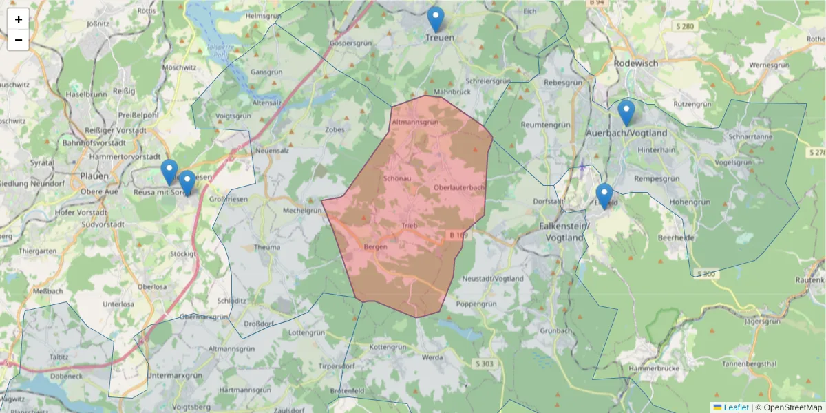 Karte des Postleitzahlen Bereichs  und der umliegenden Postleitzahlen in Deutschland