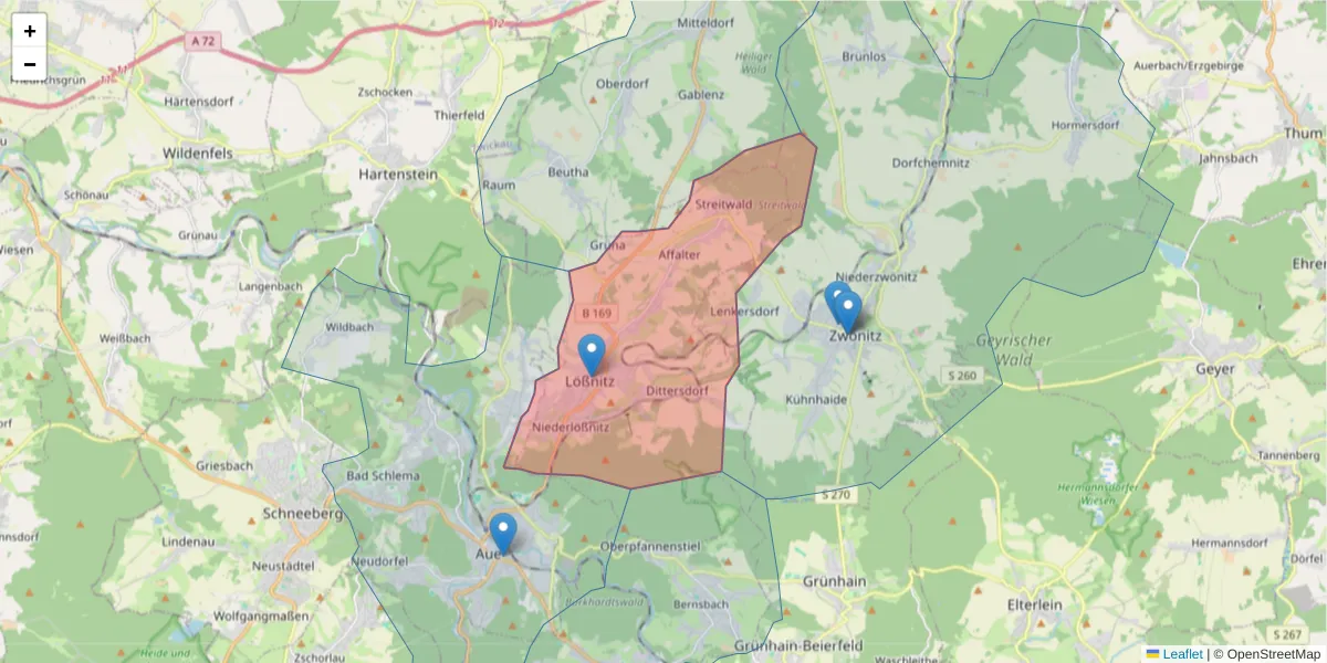 Karte des Postleitzahlen Bereichs  und der umliegenden Postleitzahlen in Deutschland