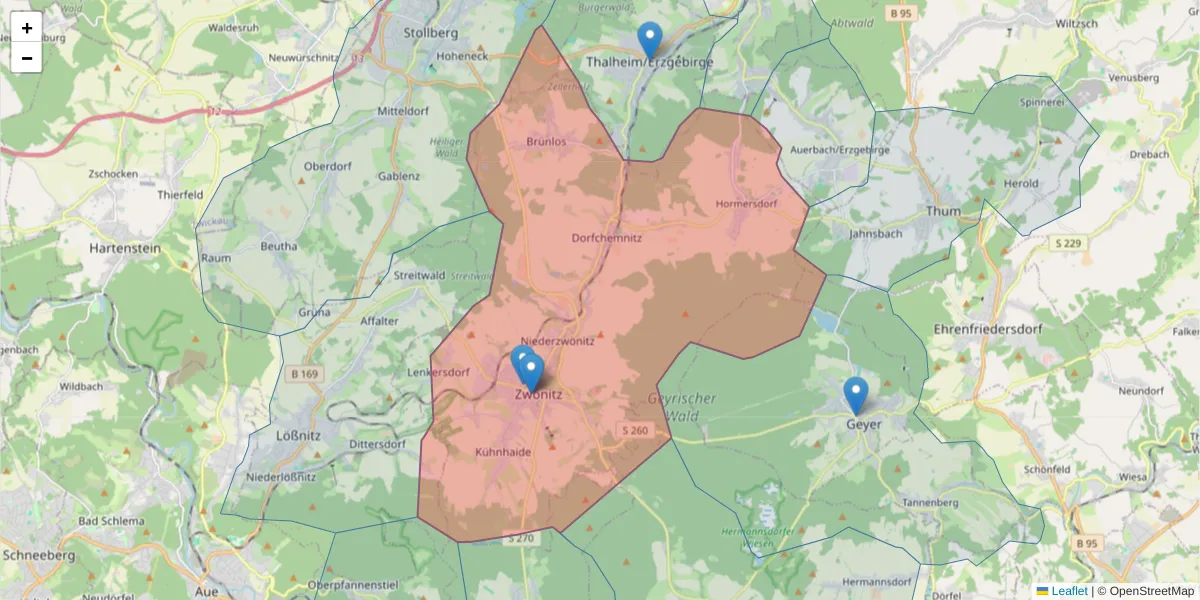 Karte des Postleitzahlen Bereichs  und der umliegenden Postleitzahlen in Deutschland