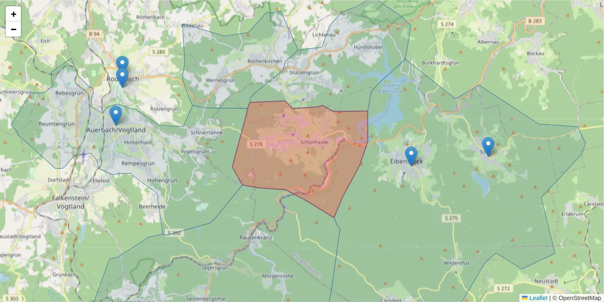 Karte des Postleitzahlen Bereichs  und der umliegenden Postleitzahlen in Deutschland
