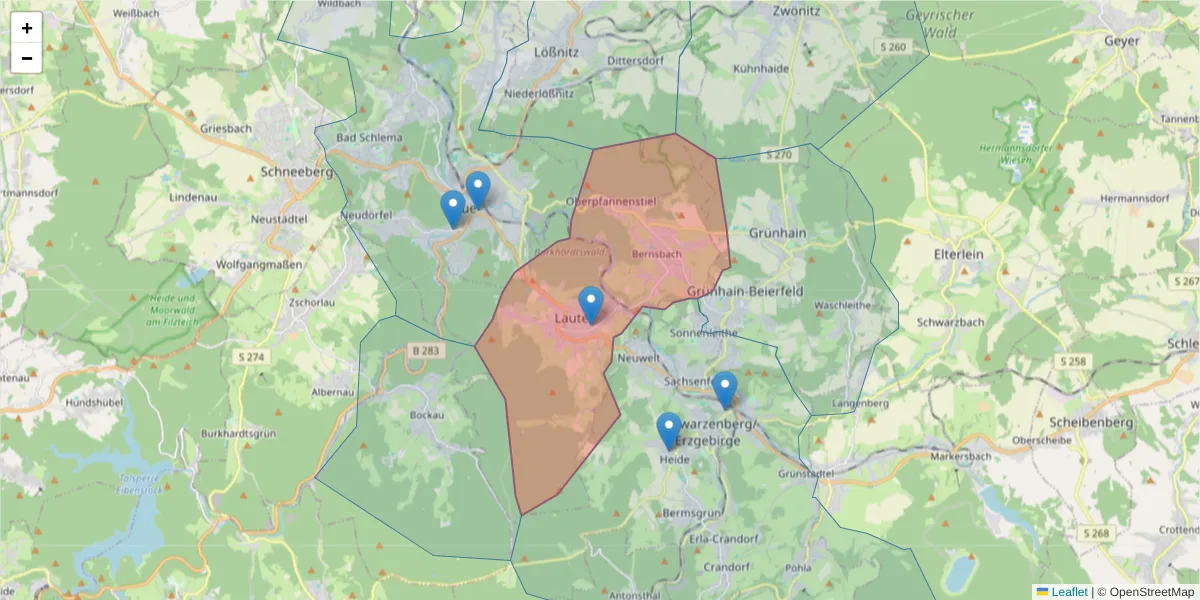 Karte des Postleitzahlen Bereichs  und der umliegenden Postleitzahlen in Deutschland