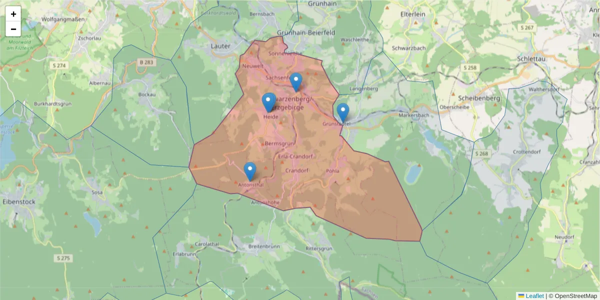 Karte des Postleitzahlen Bereichs  und der umliegenden Postleitzahlen in Deutschland