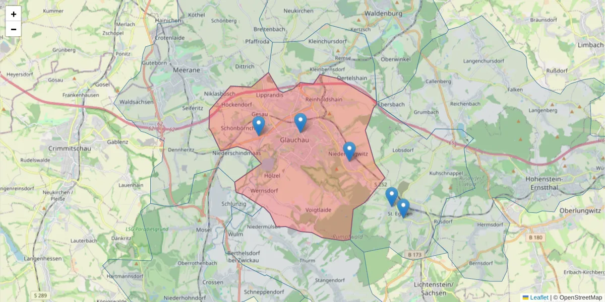 Karte des Postleitzahlen Bereichs  und der umliegenden Postleitzahlen in Deutschland