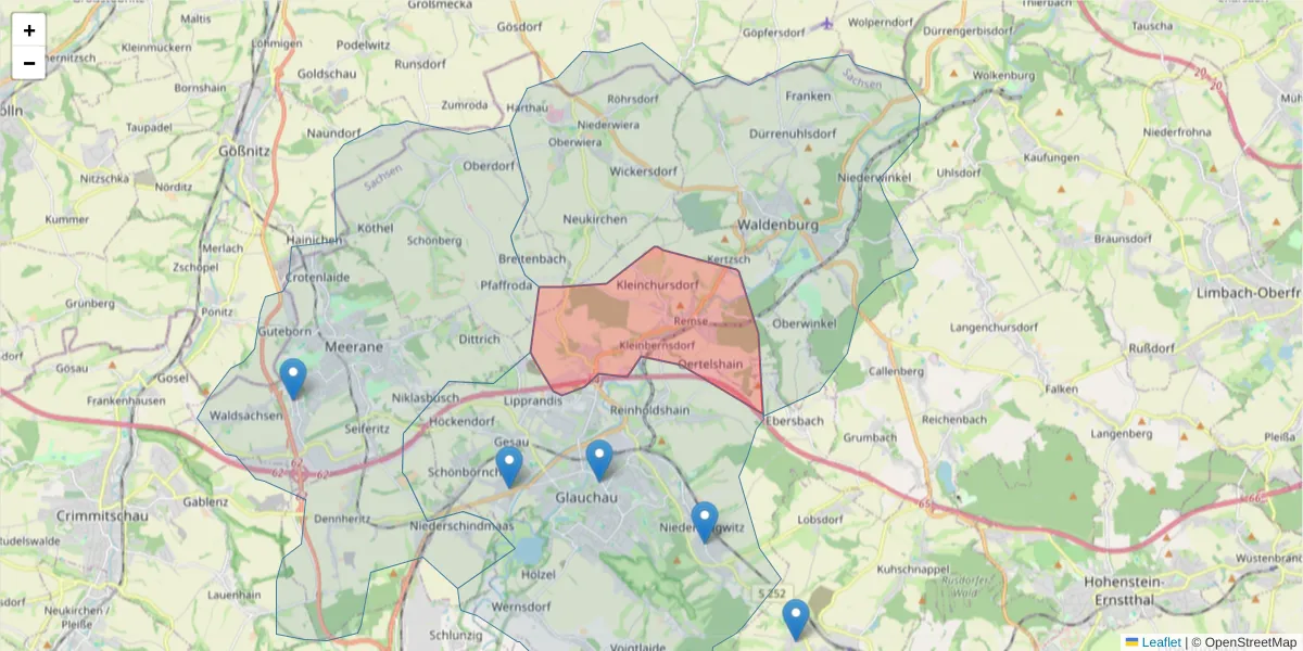 Karte des Postleitzahlen Bereichs  und der umliegenden Postleitzahlen in Deutschland