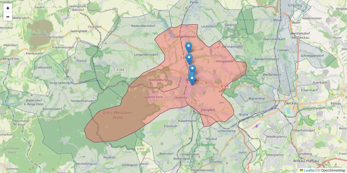 Karte des Postleitzahlen Bereichs  und der umliegenden Postleitzahlen in Deutschland