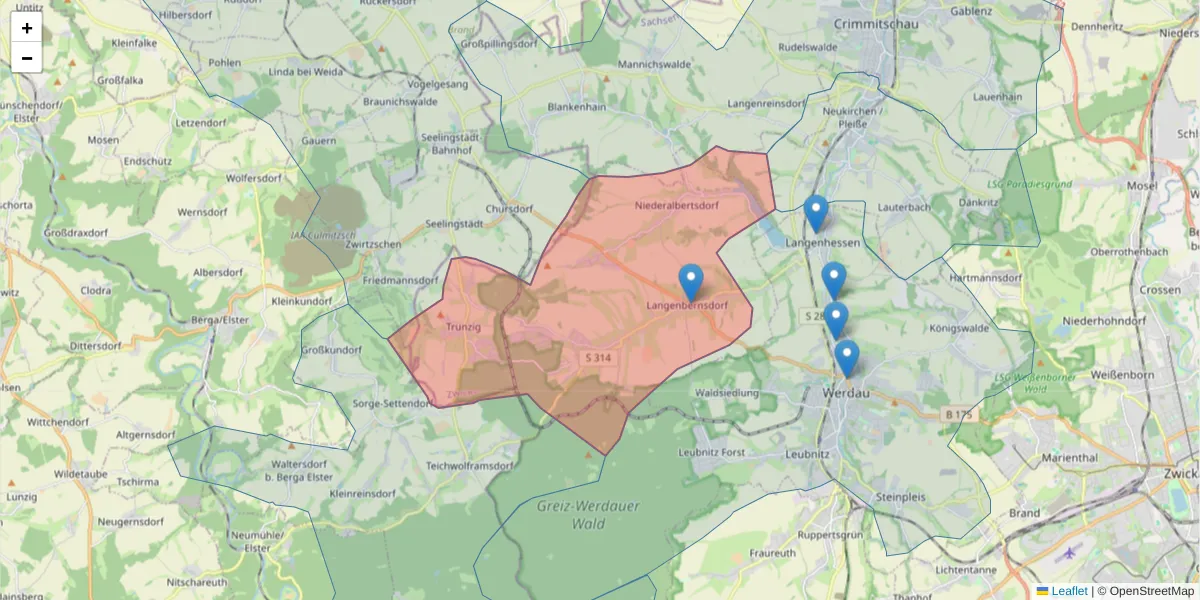 Karte des Postleitzahlen Bereichs  und der umliegenden Postleitzahlen in Deutschland
