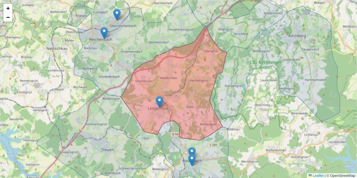 Karte des Postleitzahlen Bereichs  und der umliegenden Postleitzahlen in Deutschland