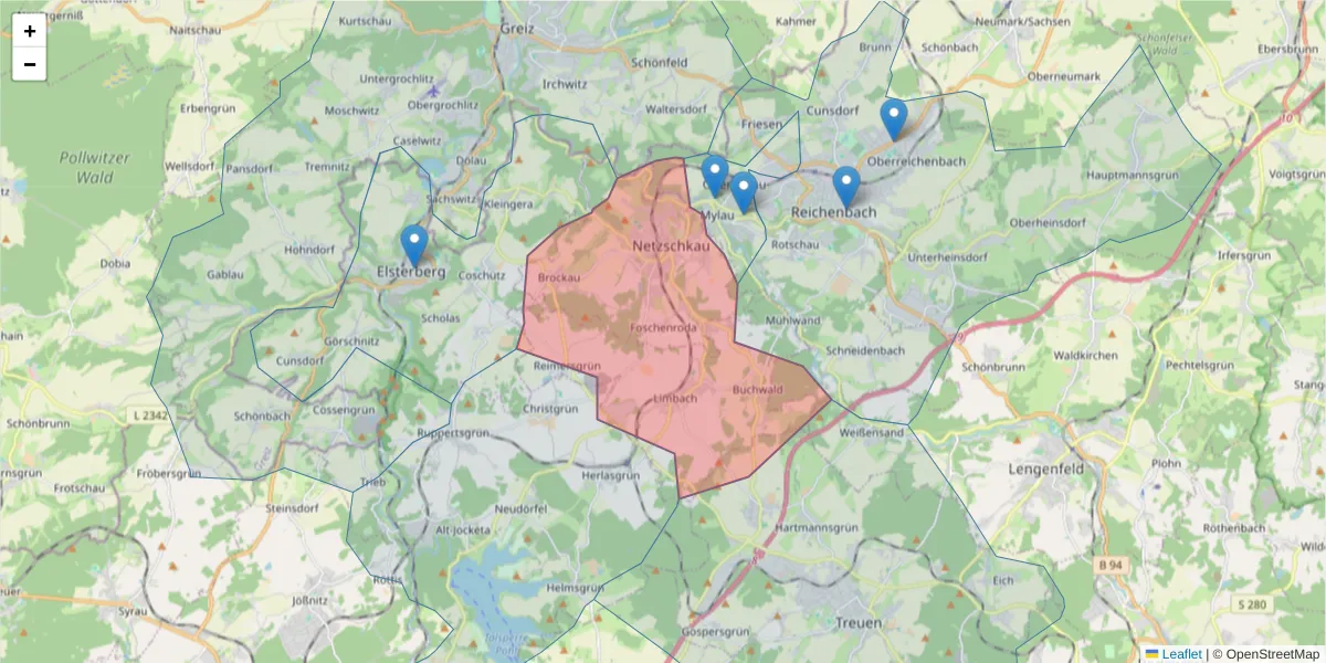 Karte des Postleitzahlen Bereichs  und der umliegenden Postleitzahlen in Deutschland