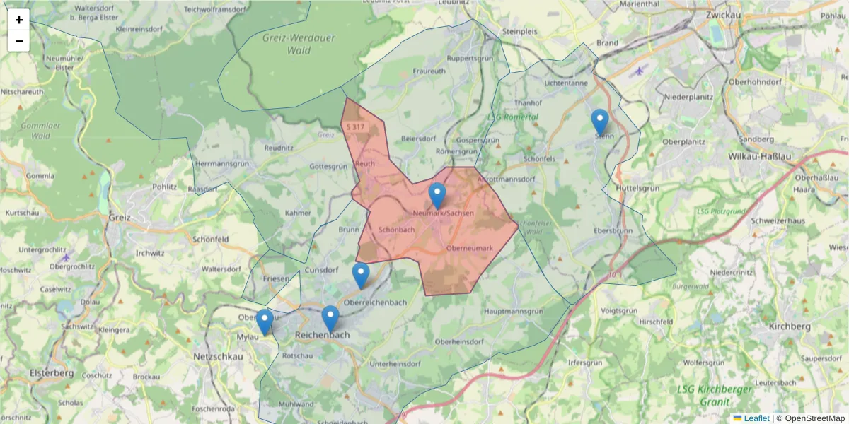 Karte des Postleitzahlen Bereichs  und der umliegenden Postleitzahlen in Deutschland