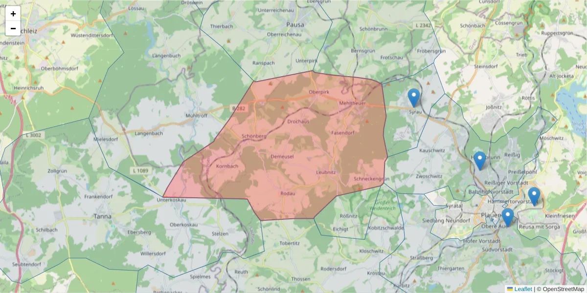 Karte des Postleitzahlen Bereichs  und der umliegenden Postleitzahlen in Deutschland