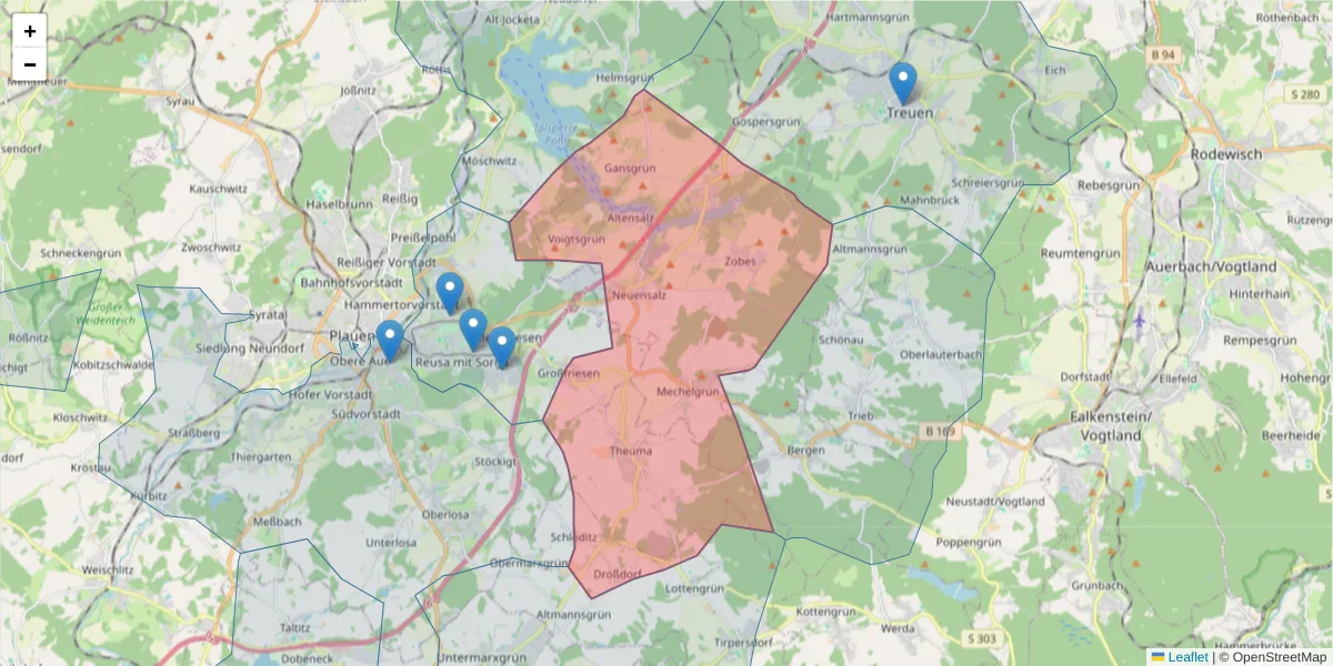 Karte des Postleitzahlen Bereichs  und der umliegenden Postleitzahlen in Deutschland