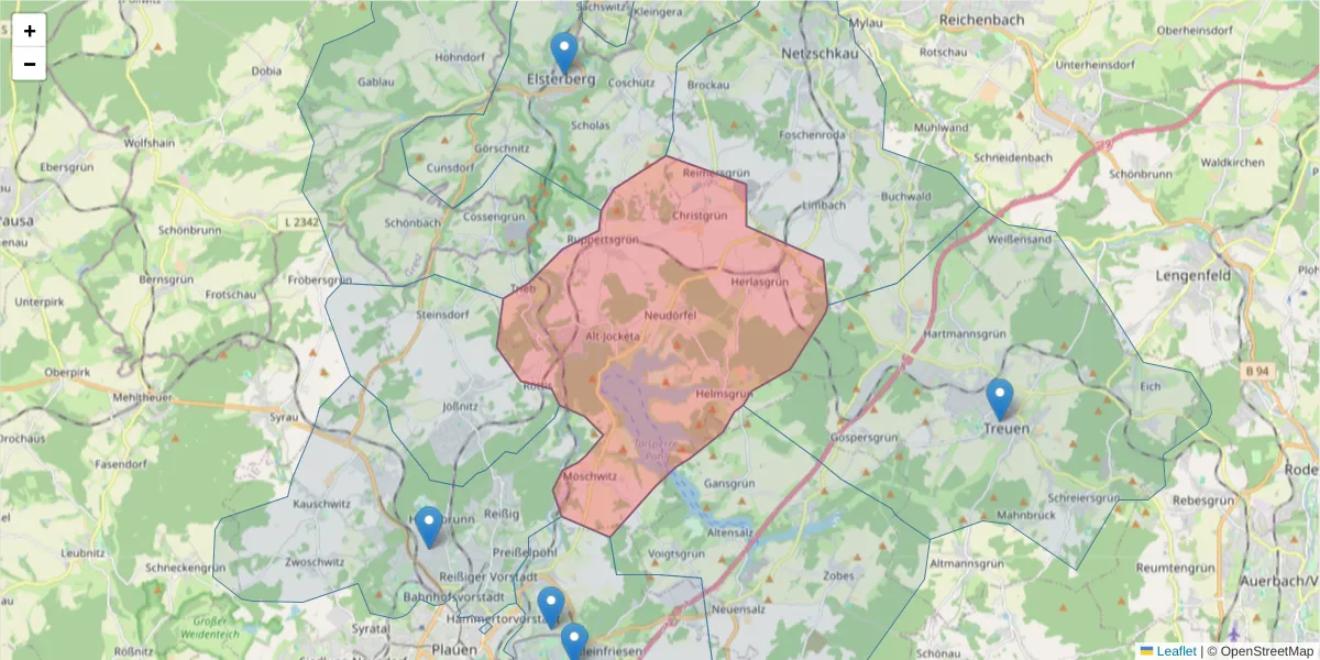 Karte des Postleitzahlen Bereichs  und der umliegenden Postleitzahlen in Deutschland